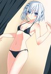  bikini black_bikini blue_eyes blush colorized curtains date_a_live derivative_work diemdenis hair_ornament hairclip highres navel o-ring o-ring_bikini short_hair silver_hair solo swimsuit tobiichi_origami tsunako vector_trace 