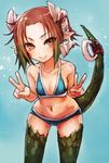  bare_shoulders bikini blue_bikini brown_eyes brown_hair double_v dragon_girl fang fang_out gradient_hair green_hair highres horns leaning_forward monster_girl multicolored_hair navel original pointy_ears scales short_hair smile solo swimsuit tail taishi_(picchiridou) two-tone_hair v 