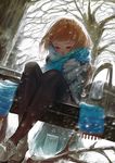  bench blonde_hair blue_scarf blush karasu-san_(syh3iua83) long_hair original scarf shoes sitting snowing solo sweater thighhighs tree 