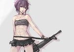  abs alternate_costume assault_rifle bandeau bare_shoulders black_hair black_lagoon bracelet breasts casual earrings gun half_updo jewelry m16a1 microskirt navel no_panties panties_(pantsu-pirate) pleated_skirt rifle sawyer_the_cleaner scar short_hair skirt sling small_breasts solo stitches weapon 