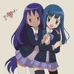  blue_eyes blue_hair brown_eyes dark_skin hair_ornament hairclip hikari_(pokemon) holding_hands hug iris_(pokemon) jacket long_hair meiji multiple_girls pokemon pokemon_(anime) pokemon_bw_(anime) pokemon_dp_(anime) ponytail purple_hair school_uniform shirt skirt smile sweater thighhighs very_long_hair 