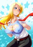  1girl blonde_hair blue_eyes blush bodypaint breasts breasts_outside dc_comics erect_nipples female long_hair marimo_(ankokumarimo) nipples open_clothes open_shirt painted_clothes photoshop shirt solo supergirl 