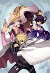  2girls absurdres ar_tonelico ar_tonelico_i armor aurica_nestmile bare_shoulders blonde_hair braid cape closed_eyes gloves green_eyes highres long_hair lyner_barsett misha_arsellec_lune multiple_girls nagi_ryou official_art purple_hair sword twin_braids weapon 