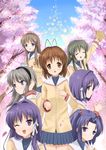  cherry_blossoms clannad fujibayashi_kyou fujibayashi_ryou furukawa_nagisa highres hikarizaka_private_high_school_uniform ibuki_fuuko ichinose_kotomi miyazawa_yukine multiple_girls sakagami_tomoyo school_uniform shizupu siblings sisters starfish twins 