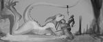  black_and_white breasts claws dragon eyes_closed female flirting greyscale hattonslayden horn human knight male mammal mistletoe monochrome nude on_stomach raised_tail scalie size_difference surprise sword weapon 