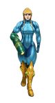  arm_cannon blonde_hair bodysuit boots breasts colorized commentary full_body greaves green_eyes highres knee_boots lips long_hair medium_breasts metroid muscle muscular_female nikcesco ponytail samus_aran sidelocks solo transparent_background weapon zero_suit 