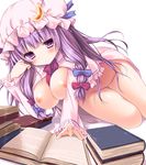 bangs banned_artist blush book breasts crescent crescent_hair_ornament hair_ornament hat konomi_(kino_konomi) large_breasts long_hair mob_cap nipples open_mouth patchouli_knowledge purple_eyes purple_hair reading solo touhou white_background 