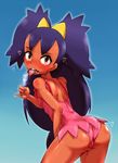  ass bad_id bad_pixiv_id bare_shoulders bent_over big_hair blush brown_eyes covered_nipples dark_skin eyelashes flat_chest food from_behind gym_leader hair_ornament heart highres hun iris_(pokemon) long_hair looking_back low-tied_long_hair messy one-piece_swimsuit pinky_out pokemon pokemon_(anime) pokemon_(game) pokemon_bw pokemon_bw_(anime) popsicle purple_hair solo sweat swimsuit tongue tongue_out two_side_up 