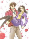  1girl battle_tendency black_hair blue_eyes brown_hair carrying flower jacket jojo_no_kimyou_na_bouken joseph_joestar_(young) lisa_lisa long_hair mother_and_son nora_(act2) pantyhose princess_carry red_jacket 