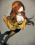  blue_eyes brown_hair jacket legwear_under_shorts long_hair makise_kurisu necktie pantyhose shorts solo steins;gate tenkuu_sphere 