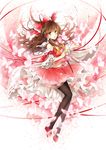  :o black_legwear bow brown_eyes brown_hair bug butterfly detached_sleeves flower hagiwara_rin hair_bow hair_tubes hakurei_reimu insect long_hair looking_at_viewer mary_janes navel open_mouth pantyhose ribbon shoes skirt solo touhou 