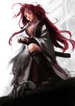  amputee baiken breasts chain claw_(weapon) cleavage facial_mark facial_tattoo forehead_mark goichi greaves guilty_gear japanese_clothes kataginu katana kimono kiseru large_breasts long_hair one-eyed open_clothes open_kimono pink_eyes pink_hair pipe ponytail scar scar_across_eye sheath sheathed solo sword tattoo very_long_hair weapon 