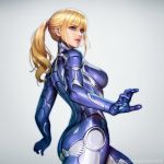  artist_name ass blonde_hair blue_eyes breasts cowboy_shot earrings grey_background iron_man_(comics) jewelry long_hair marvel medium_breasts nudtawut_thongmai pepper_potts ponytail power_armor profile rescue_(iron_man) simple_background solo stud_earrings watermark 