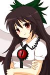  :3 black_hair blouse bow cape crossed_arms hair_bow head_tilt long_hair looking_at_viewer red_eyes reiuji_utsuho simple_background solo takojiru third_eye touhou white_background wings 