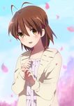  brown_eyes brown_hair cardigan clannad furukawa_nagisa hapoa highres short_hair wall-eyed 