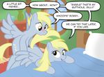  bed blonde_hair blush crossgender derpy_hooves_(mlp) dialog duo equine female feral friendship_is_magic fur grey_fur hair horse jepso male mammal my_little_pony pegasus pillow pony selfcest sex square_crossover straight text vase window wings 