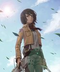  belt black_eyes black_hair dual_wielding emblem holding jacket mikasa_ackerman paradis_military_uniform scarf shingeki_no_kyojin short_hair solo sword thigh_strap three-dimensional_maneuver_gear training_corps_(emblem) weapon yellow2x 