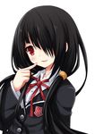 :d bad_id bad_pixiv_id black_hair blazer blush date_a_live emblem hair_over_one_eye hairband highres impossible_clothes jacket long_hair looking_at_viewer open_mouth parted_lips red_eyes red_ribbon ribbon school_uniform smile solo tareme tokisaki_kurumi uniform white_background yoooli 
