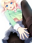  black_legwear blonde_hair blue_eyes blush esia_mariveninne fang komone_ushio long_hair long_legs looking_at_viewer navel open_mouth original pantyhose skirt solo thighband_pantyhose 