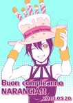  belt birthday candle choker chounorin dated happy_birthday hat headband jojo_no_kimyou_na_bouken male_focus namesake narancia_ghirga one_eye_closed orange_juice purple_hair solo yellow_eyes 