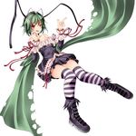  alternate_costume antennae bad_id bad_pixiv_id bare_shoulders boots breasts cape cleavage collarbone corset dress frills full_body green_hair headband looking_at_viewer medium_breasts princess_wriggle red_eyes s-syogo short_hair simple_background smile solo striped striped_legwear thighhighs touhou white_background wriggle_nightbug zettai_ryouiki 