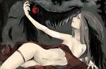  apple feathers gray_hair nude red_eyes 