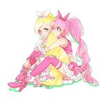  blonde_hair blue_eyes blush bow chabame choker couple cure_melody cure_rhythm green_eyes hand_on_own_knee high_heels holding houjou_hibiki hug hug_from_behind long_hair minamino_kanade multiple_girls one_eye_closed pink_bow pink_hair ponytail precure shoes simple_background sitting sleeveless smile suite_precure thighhighs twintails white_background white_choker yuri 
