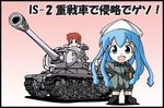  aizawa_eiko caterpillar_tracks chibi crossover emblem girls_und_panzer gradient gradient_background ground_vehicle ikamusume is-2 kanemoto_hisako military military_uniform military_vehicle motor_vehicle multiple_girls pravda_(emblem) seiyuu_connection shinryaku!_ikamusume shizumi_tsurugi tank uniform 