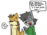  ariffrazalin brown_fur canine duo english_text fur grey_fur humor joke mammal tattoo text what_has_science_done wolf 
