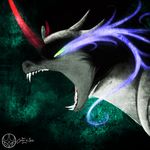  armor black_hair crown equine eye_mist fangs feral friendship_is_magic fur glowing glowing_eyes green_eyes hair hi_res horn horse king_sombra_(mlp) male mammal my_little_pony open_mouth pony royalty solo teeth text tongue unicorn yelling 