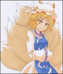  bad_id bad_pixiv_id blonde_hair fox_tail hands_in_opposite_sleeves looking_at_viewer multiple_tails s-syogo shikishi short_hair simple_background smile solo tail touhou traditional_media yakumo_ran yellow_eyes 