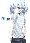  blue_eyes blue_hair blush casual denim english from_behind hair_ornament hairclip highres jeans mahou_shoujo_madoka_magica miki_sayaka pants shirt short_hair short_sleeves solo striped striped_shirt u_u_(mooooooou) white_background 