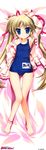  1girl :&lt; absurdres ankleband arm_up armpits barefoot blonde_hair blue_eyes dakimakura feet fujima_takuya highres huge_filesize legs long_hair long_image long_sleeves name_tag open_clothes open_shirt scan school_swimsuit shirt smile_shooter solo suzuhira_airi swimsuit tall_image toes twintails very_long_hair 