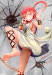  ahoge ankle_lace-up barefoot breasts chain clenched_hands crack cross-laced_footwear cuffs feet fighting_stance highres irohasu leg_lift magi_the_labyrinth_of_magic medium_breasts morgiana one_side_up red_eyes red_hair short_hair sideboob soles solo standing standing_on_one_leg toes 