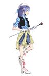  alternate_costume blue_hair boots braid casual clothes_around_waist cure_m dokidoki!_precure full_body gloves half_updo hat highres hishikawa_rikka long_hair plaid plaid_shirt precure profile shirt simple_background solo standing standing_on_one_leg sweater sweater_around_waist white_background white_gloves 