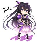  armor armored_dress bow character_name chibi date_a_live kaguyuu long_hair looking_at_viewer purple_eyes purple_hair purple_legwear simple_background skirt smile solo very_long_hair white_background yatogami_tooka 