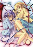  barefoot bat_wings bed blonde_hair blue_hair blush cosplay flandre_scarlet heart karasu_raku komeiji_koishi komeiji_koishi_(cosplay) komeiji_satori komeiji_satori_(cosplay) lying multiple_girls no_hat no_headwear open_mouth red_eyes remilia_scarlet ribbon short_hair siblings side_ponytail sisters skirt smile third_eye touhou wide_sleeves wings 