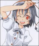  bad_id bad_pixiv_id black_hair hat looking_at_viewer one_eye_closed open_mouth red_eyes s-syogo shameimaru_aya shikishi short_hair simple_background smile solo tokin_hat touhou traditional_media 