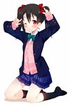  \m/ black_hair black_legwear blazer blush bow cardigan double_\m/ fang full_body hair_bow jacket kneehighs kneeling long_hair looking_at_viewer love_live! love_live!_school_idol_project meito_(maze) no_shoes one_eye_closed open_clothes open_jacket otonokizaka_school_uniform pleated_skirt red_eyes school_uniform skirt smile solo twintails yazawa_nico 