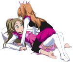  all_fours barefoot bed between_legs blush bow couple girl_on_top green_eyes green_hair haiteku half_updo houjou_hibiki leggings long_hair lying minamino_kanade multiple_girls on_back orange_hair pink_bow precure simple_background straddling suite_precure thighhighs two_side_up white_background yuri 