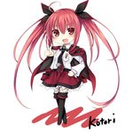  character_name chibi date_a_live itsuka_kotori kaguyuu long_hair looking_at_viewer necktie open_mouth pointing red_eyes red_hair school_uniform simple_background skirt smile solo thighhighs twintails white_background zettai_ryouiki 
