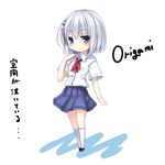  blue_eyes blush character_name chibi date_a_live kaguyuu looking_at_viewer ribbon school_uniform short_hair silver_hair simple_background skirt smile solo tobiichi_origami white_background white_hair 