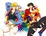  black_hair blonde_hair bloody_stream brown_hair caesar_anthonio_zeppeli facial_mark fingerless_gloves gh-ok13 gloves headband jacket jojo_no_kimyou_na_bouken joseph_joestar_(young) midriff multiple_boys pants pose purple_jacket red_jacket scarf torn_clothes torn_pants 