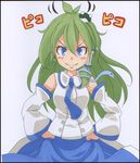  &gt;:) antenna_hair bad_id bad_pixiv_id blue_eyes detached_sleeves frog_hair_ornament green_hair hair_ornament hands_on_hips kochiya_sanae long_hair looking_at_viewer necktie s-syogo shikishi simple_background smile snake_hair_ornament solo touhou traditional_media v-shaped_eyebrows white_background 