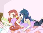  bare_shoulders bed blanket blue_eyes blue_hair casual chabame hanasaki_tsubomi heartcatch_precure! kurumi_erika long_hair lying lying_on_person multiple_girls on_stomach precure reading red_eyes red_hair 