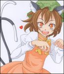  animal_ears bad_id bad_pixiv_id brown_hair cat_ears cat_tail chen hat heart jewelry looking_at_viewer multiple_tails open_mouth s-syogo shikishi short_hair simple_background single_earring solo tail touhou traditional_media 