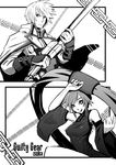  1girl bare_shoulders breasts cape china_dress chinese_clothes covered_nipples detached_sleeves dress fighting_stance fingerless_gloves gloves greyscale guilty_gear hair_ornament kuradoberi_jam ky_kiske large_breasts long_hair monochrome sho-n-d short_hair smile sword very_long_hair weapon 