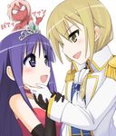  alternate_costume blonde_hair blush cerasus gloves hinata_yukari ichii_yui multiple_girls nonohara_yuzuko open_mouth parody pink_hair purple_eyes purple_hair smile spider-man spider-man_(series) tiara white_background yellow_eyes yuri yuyushiki 