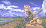  backpack bag blonde_hair blue_eyes boots cloud day dithering elbow_rest fairy long_hair multiple_girls original outdoors pants pixel_art scenery sitting sky smile staff suikyo 