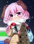  :&lt; alcohol animal_ears bag beer beer_can blush can coat dog_ears gloves long_hair original osatsu pink_eyes pink_hair scarf snow solo tail 